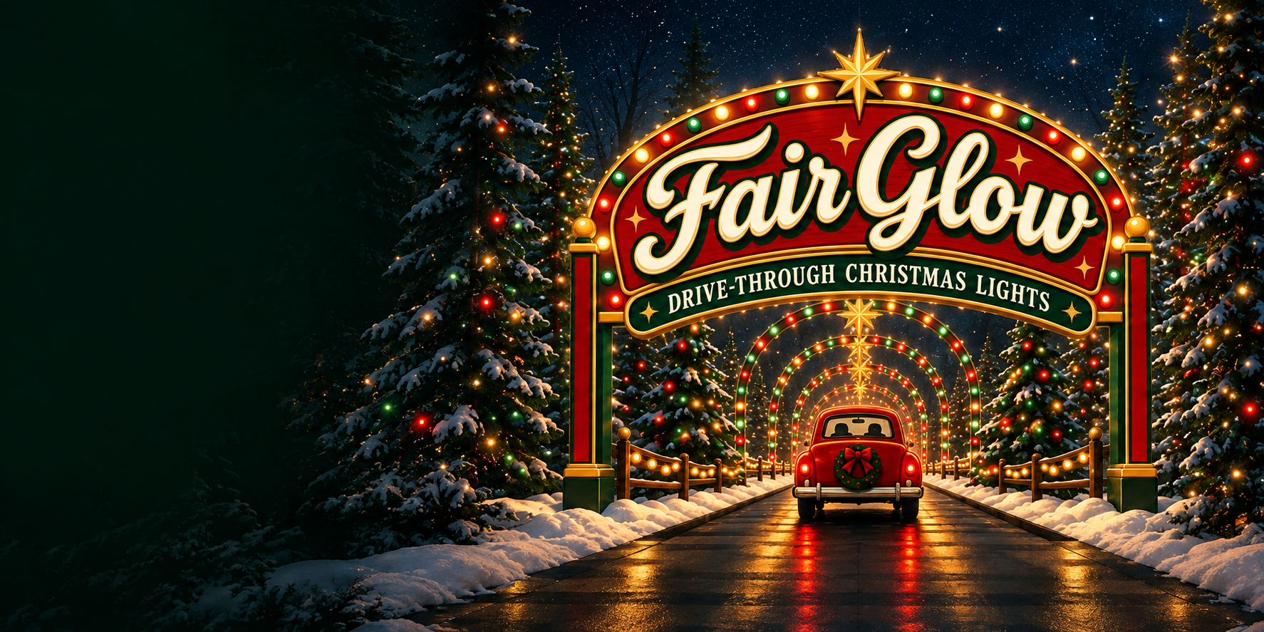 Fairglow’s Christmas marquee and illuminated drive-through scene — concept artwork from Fairglow.